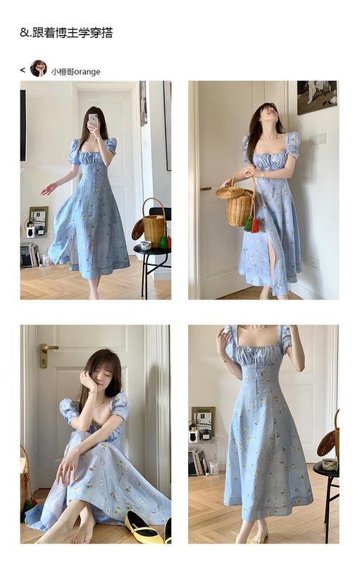Product Introduction of phụ nữ ăn mặcĐầm Voan Pháp, In Hoa Mùa Hè, Cạp Cao Xẻ Tà, Hàng Mới Về Cho Nữ, Bó Sát Eo, Cổ Vuông, Tay bồng Hoa, Đầm Midi Dress Women 3