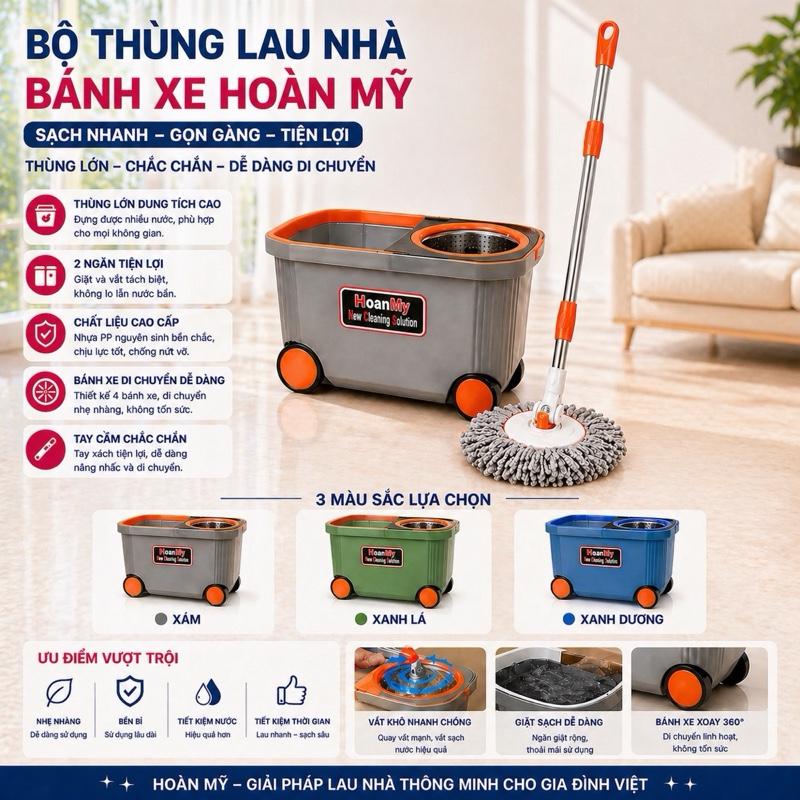 Bộ Thùng Lau Nhà Bánh Xe Hoàn Mỹ - Siêu Nhẹ - Siêu Bền