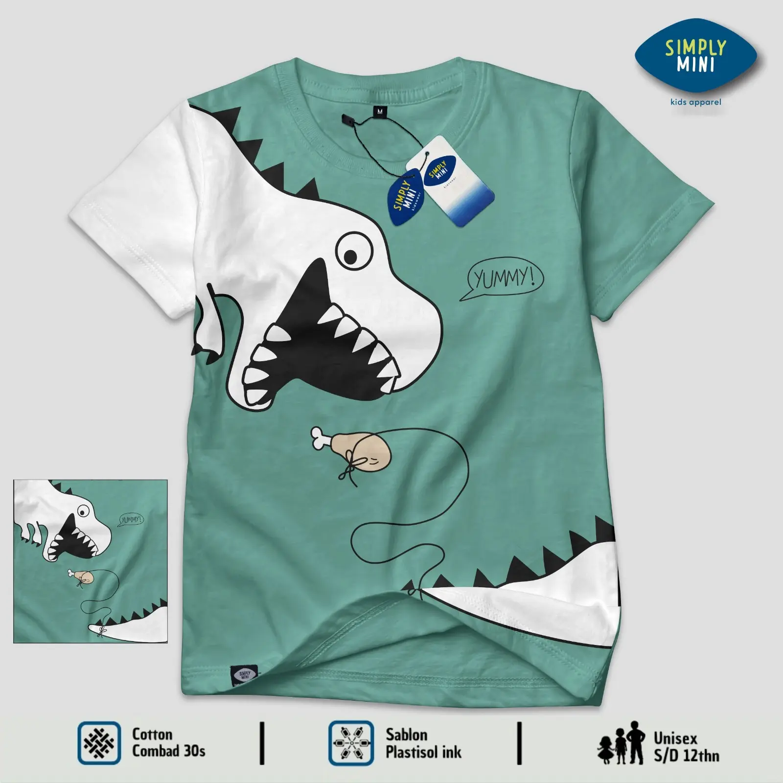 Simplymini 077 Kaos Anak Distro Laki Laki Lengan Pendek Full print Gambar Dino Warna Sage Keren