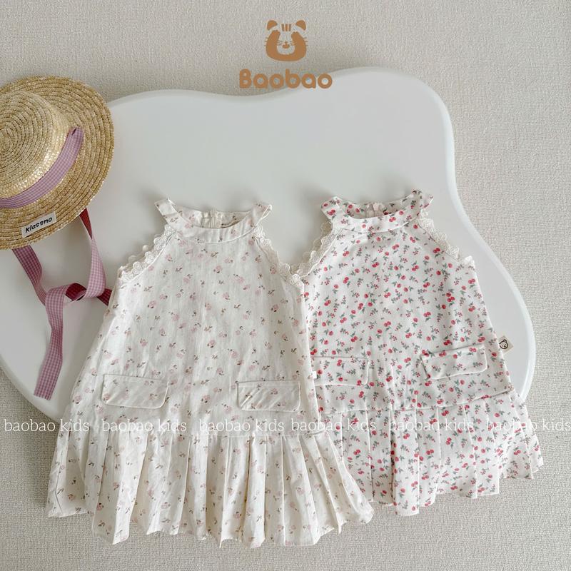 BAOBAO- HÀNG SẴN VÁY CỔ YẾM LINEN XẾP LY HỌA TIẾT HOA NHÍ CHO BÉ GÁI -M523