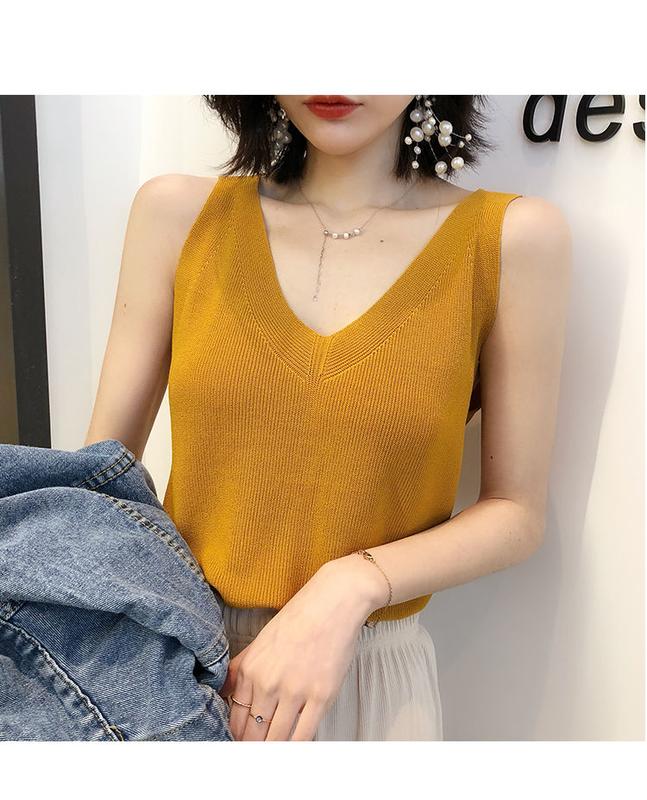 Product Introduction of Fashion Ice Silk Camisole Women's Outer Wear Summer Sleeveless Knitwear Korean Style Loose V-neck Short Bottoming Shirt Top Fashion Womenswear Lingerie 10