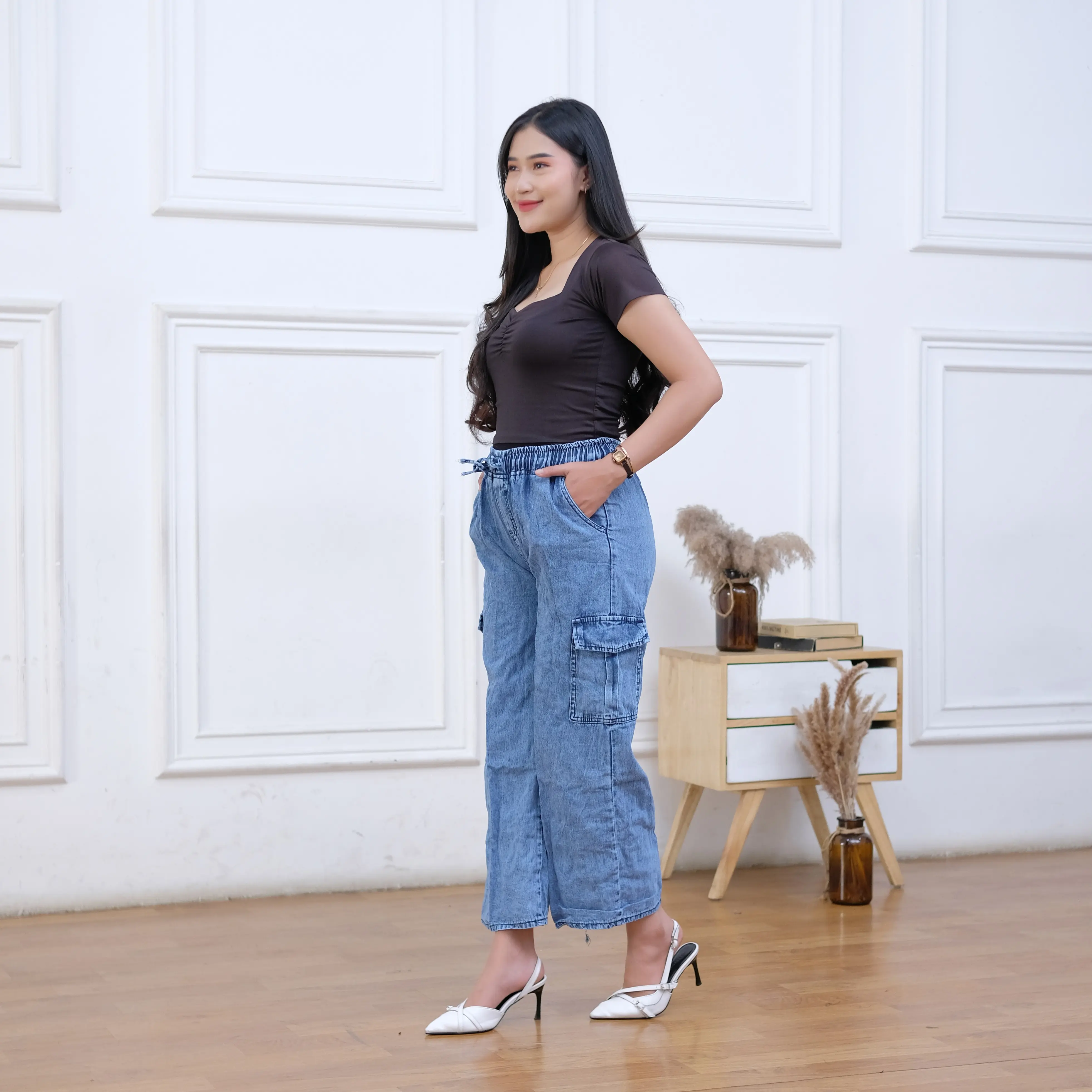 Celana Kulot Kargo Jeans Wanita Panjang Full Karet Dewasa Denim Standar Jumbo Katun