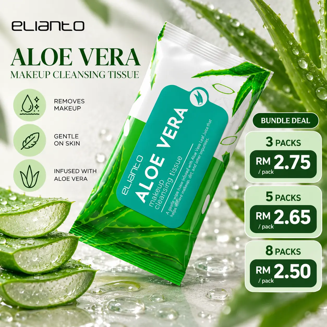 Elianto (MINI) Tisu Pembersih ALOE VERA/TEH HIJAU (10 Sheets, Makeup Remover, Moisturising, Senang Tanggal) | {Elianto MINI Cleansing Tissue}