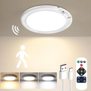 Luz de techo con sensor de movimiento recargable y control remoto — Luz de techo magnética inalámbrica a batería para armario, ducha, escaleras, cobertizo, pasillo, porche, patio, etc.
