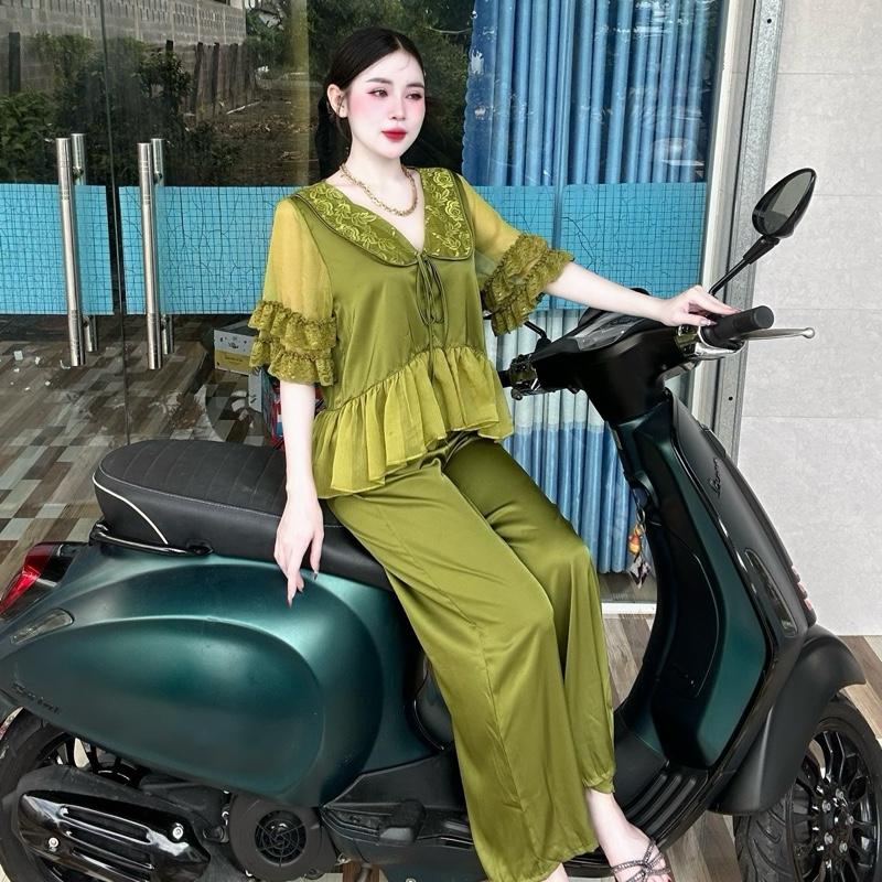  Tiểu thư bèo ren mới Set bộ quần áo cổ thuyền bèo ren lụa mới TY2198 Thư Ying Shop 