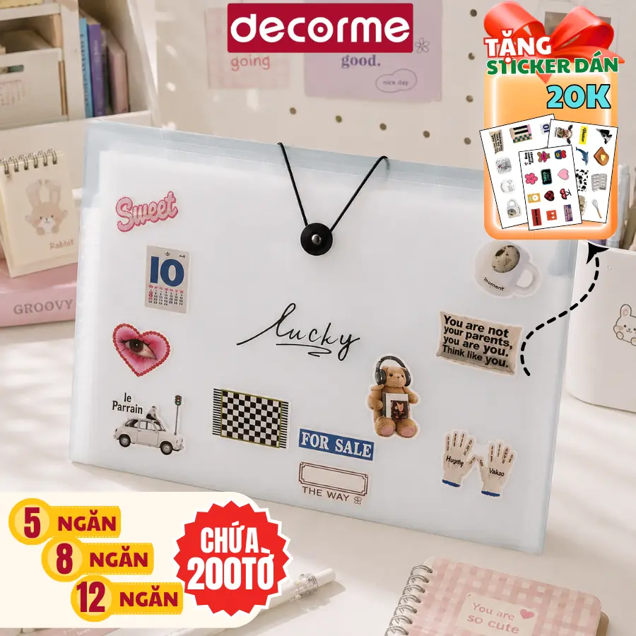 [TẶNG STICKER] Túi đựng tài liệu DecorMe tệp nhiều ngăn kẹp file A4 phụ kiện văn phòng phẩm