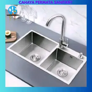 KITCHEN SINK 8245 STAINLESS/BAK CUCI PIRING TEBAL MURAH 2 LUBANG Kran Wastafel