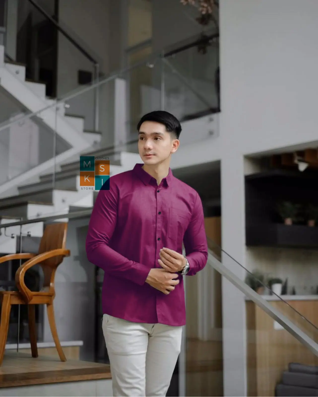 Kemeja Burgundy Polos Pria Lengan Panjang Dewasa Distro Casual