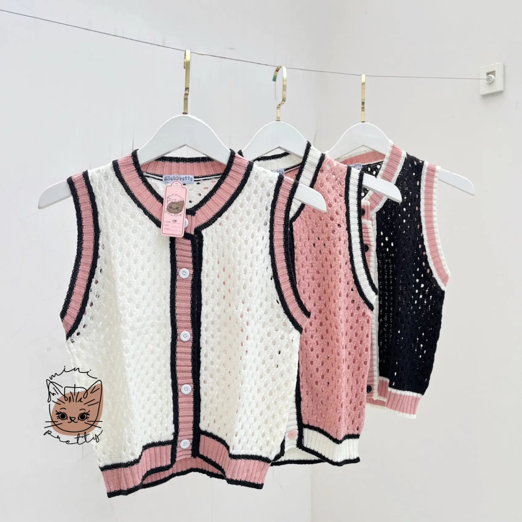 Minipretty Rompi Rajut Jaring Kancing / Vest Hollow Button