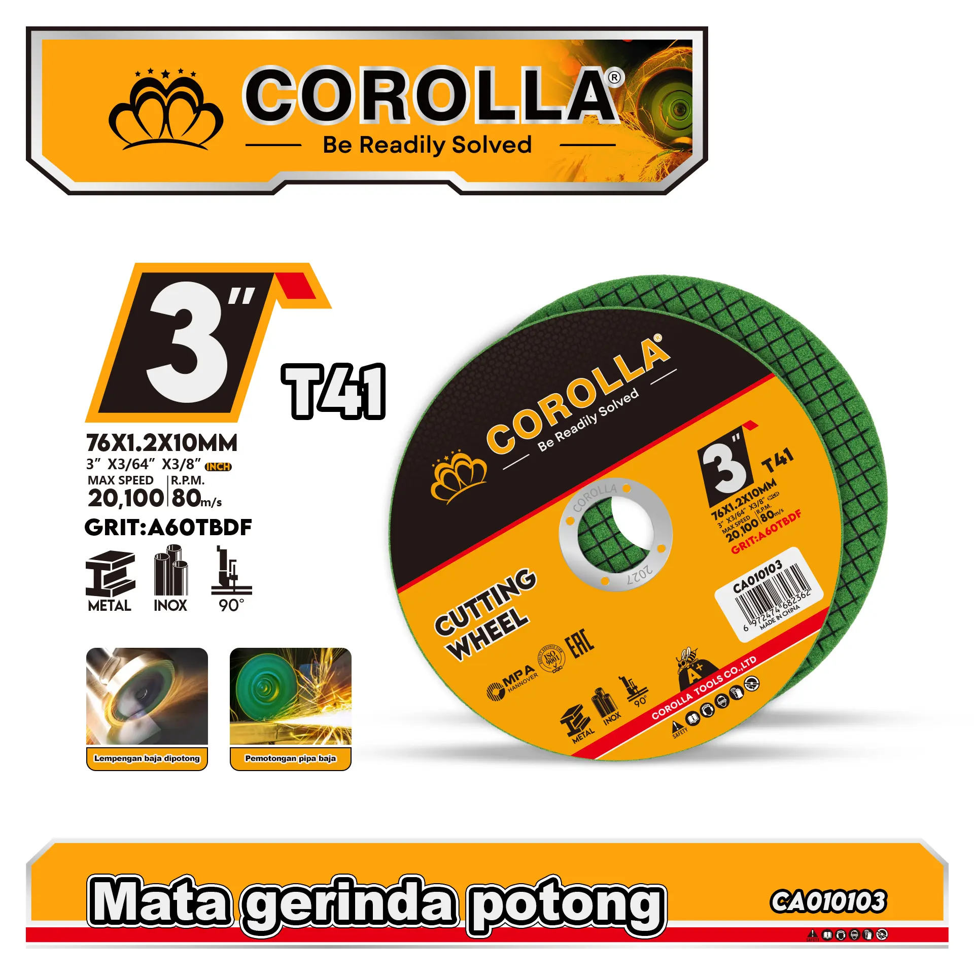 Corolla Mata Gerinda Potong Besi Stainless Steel 3 Inch Batu Potong Mesin Gerinda Cordless Baterai 3" Cutting Wheel Corolla 3"