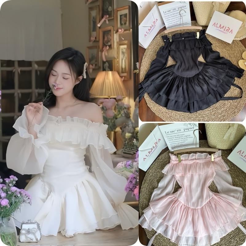 Váy Trễ Vai Gắn Ngọc Bánh Bèo Xoè 2 Tầng Chất Tơ Xốp Kèm Quần Trong Có Dây Buộc Eo