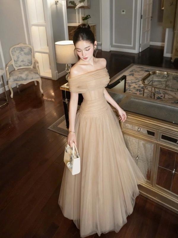 Đầm thiết kế trễ vai voan lưới nude K758 sang chảnh phù hợp đi làm đi chơi