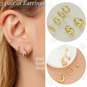 3 pairs Golden Earrings Stud Zircon Drop Hoop Hook Earrings Elegant Irregular Mini Set Hypoallergenic Daily Fashion Accessories