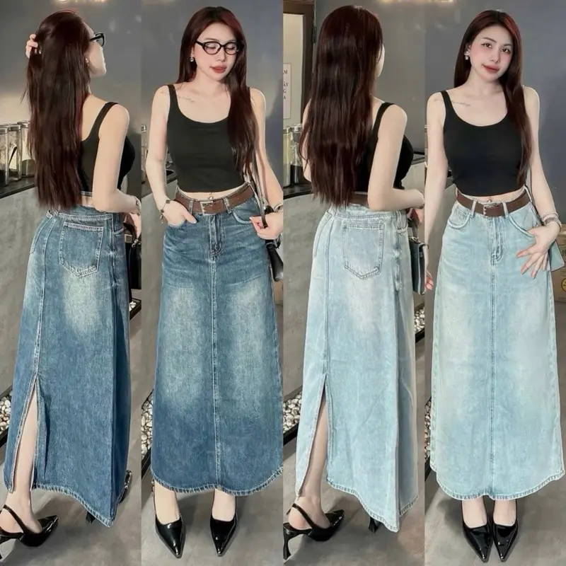 HAP(S-2XL) Chân váy jeans suông xẻ tà sau có 2 màu,2 chiều dài 80cm và 90cm P26