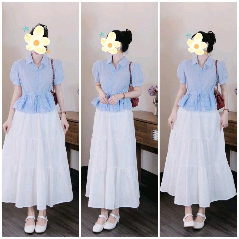  Set váy nữ áo xanh kiểu phối cổ sơ mi nhún eo kèm chân váy đũi lịch sự xinh xắn  free size eo dưới 78cm  women 