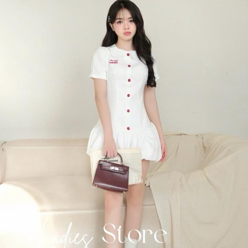 Đầm Váy Nữ Cổ Sen Trắng Cúc Đỏ Phối Chân Bí Xoè Sang Chảnh Thanh Lịch - LS00085