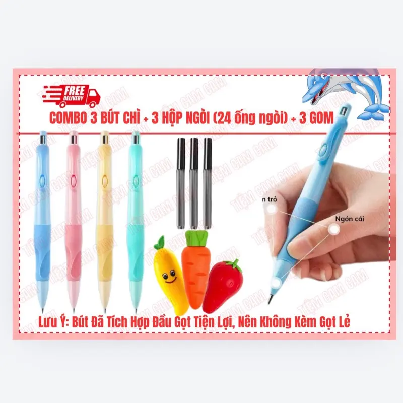 Combo 3 bút chì cá heo cho bé tập viết,kèm 3 hộp ngòi+ 3 cục tẩy / combo học tập cho bé:| Tiệm Cam Cam bấm