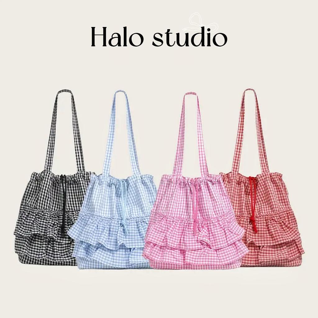 Halo studio พร้อมส่ง กระเป๋าผ้าใบหูรูดสไตล์นักเรียนน่ารักพร้อมสายสะพายข้าง ความจุขนาดใหญ่
