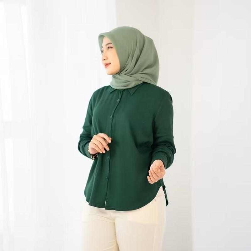 Baju Atasan Kemeja Shakilla Wanita Casual Motif Polos Lengan Panjang Kancing Aktif 7