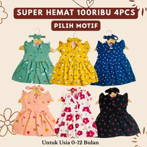 BOBOHO - Paket Hemat 4 PCS Dress Bayi Anak Perempuan 0-12 Bulan Baju Bayi Cewek Rayon Premium Motif Printing Berkualitas & Free Bandana