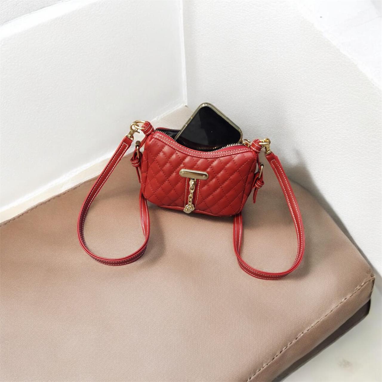 Miniatur Balerina Tas Selempang Wanita Mini Slingbag Shoulder Bahan Kulit Dengan Motif Bordir Kotak-kotak PX18 LX6 TX13 cm