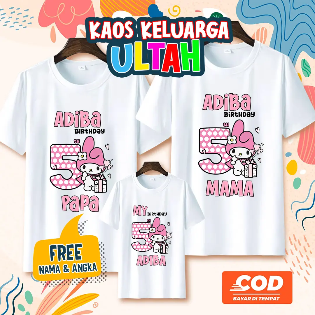 BAJU KAOS CUSTOM BIRTHDAY FAMILY ULANG TAHUN KELUARGA COUPLE PASANGAN IBU DAN ANAK PRIA DAN WANITA BAHAN KATUN MOTIF MELODY