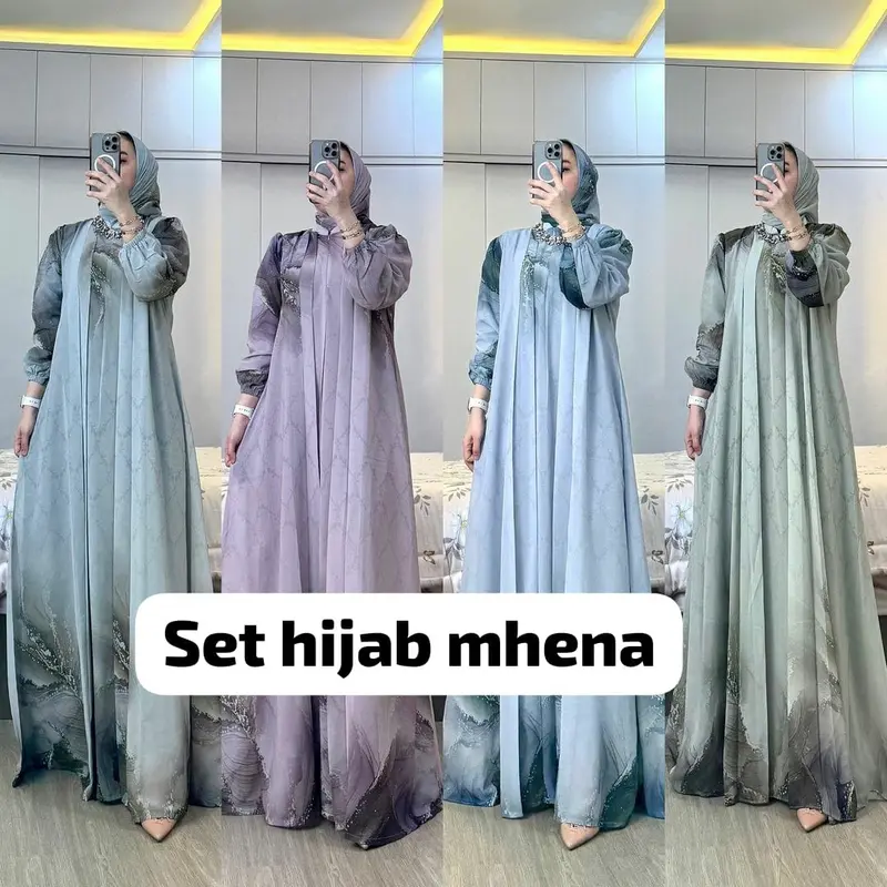 HSN-Gamis Mhena Set Hijab Cruty Gamis Ceruty Babydol Gamis Motif Elegan Gamis Busui Frendly Gamis Wanita Terbaru Dress Muslim 5