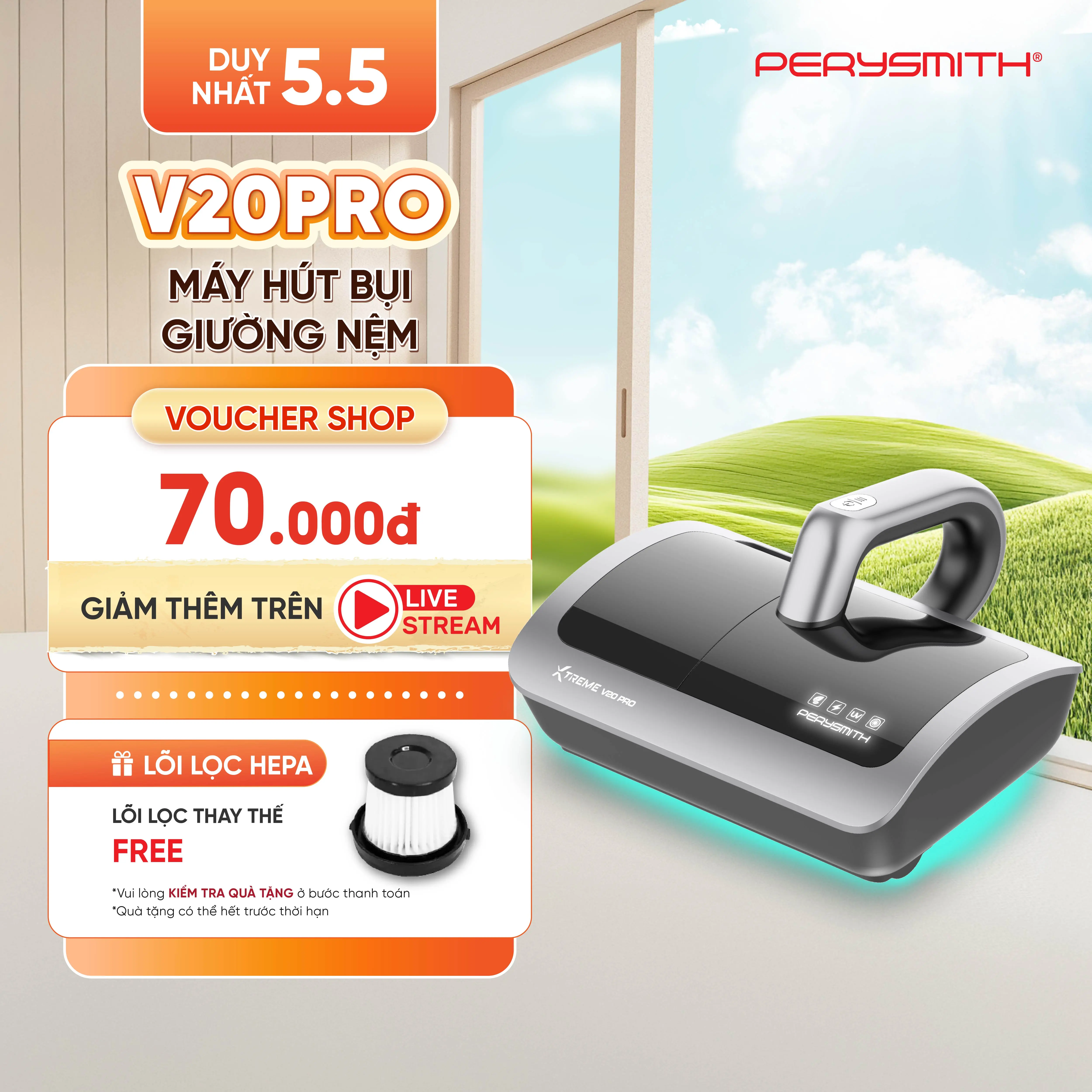 Máy Hút Bụi Giường Nệm PerySmith V20Pro Không Dây | Tiện Lợi | Hút Tóc, Lông Thú Cưng | Có Đèn UV Diệt Khuẩn | Tặng 1 Lõi Lọc Thay Thế  | Bảo Hành 1 Năm️