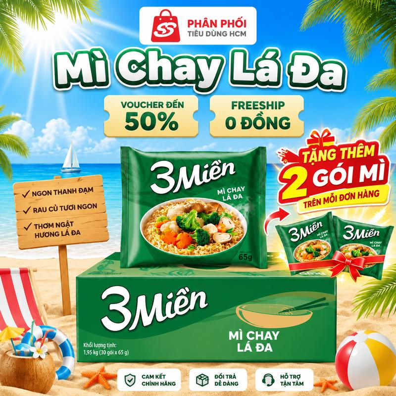 Thùng 30 gói Mì 3 Miền Chay Lá Đa 65g Thùng 30 Gói Vị Thanh Đạm Ăn Liền Tiện Lợi - UN11T