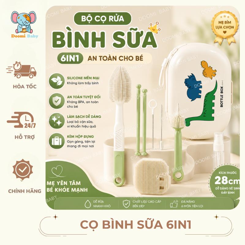 Bộ Cọ Rửa Bình Sữa Di Động Silicon 6 Chi Tiết Xoay 360 Độ Có Đế Phơi Hình Khủng Long Tiện Lợi Đa Năng Doomi Baby - HT716
