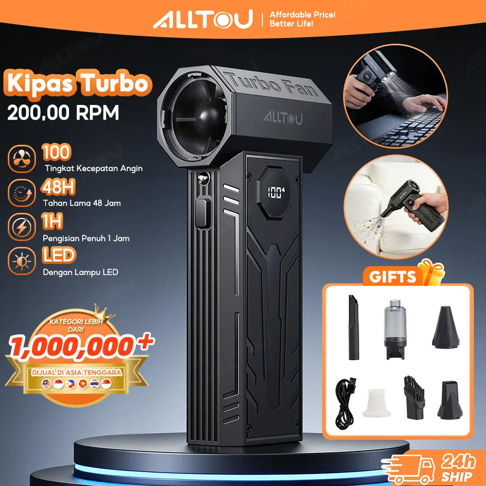 ALLTOU Kipas Turbo Portabel 200.000 RPM, 100 Kecepatan Angin, Isi Ulang USB, Mini Blower Angin Super Kencang