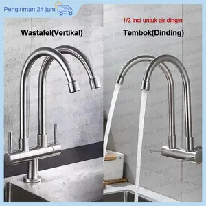 SUS  304 Kran Sink Double Rotasi 360° / Kran Air Cuci Piring Stainless / Keran Angsa Fleksibel / Kran Cuci Piring Dual / Kran Wastafel Double Cabang