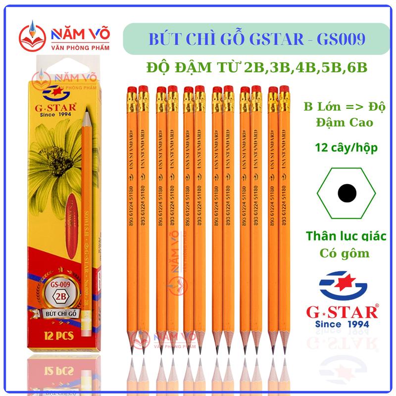    GS009 2B  HỘP 12 Cây Bút Chì Đen - Viết Chì Đen Thân Gỗ Màu Vàng  2B 3B 4B 5B 6B  Có Gôm G-Star  GStar GS 009   GS-009 Khó Gãy Dễ Chuốt Hàng Chính Hãng 