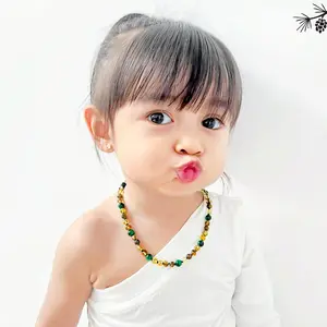 Amber Buddy | LE457 Kalung & Gelang Bayi Baltic Amber kombinasi Green Tiger Eye. 32cm & 14cm
