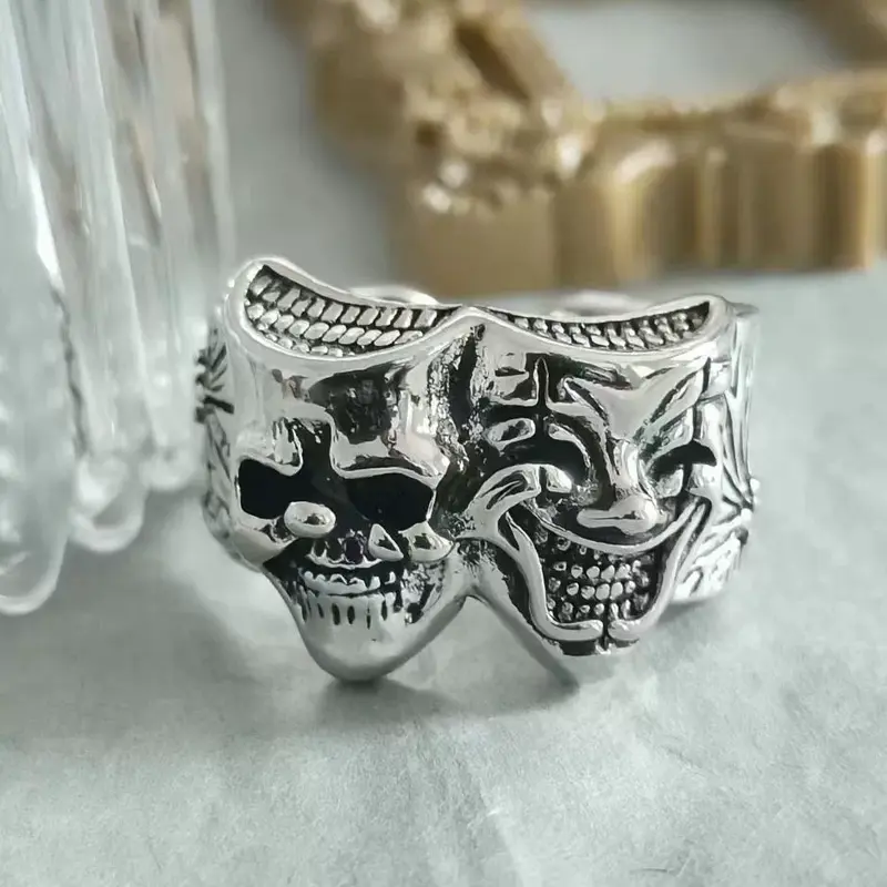 Nhẫn Chú Hề, Hai Mặt, Bạc Thái Lan, Phong Cách Gothic Hợp Xu hướng Nhật Bản Cổ Điển Của Nam Giới, Nhẫn Mở Thủ Công, Thiết Kế Ác Và Thiện năm tháng mặn nồng ring wedding long one piece signet chúa tể những chiếc 4