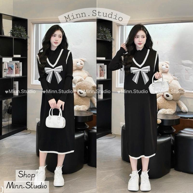   Minnstudio  Set Váy Len 2 Chi Tiết Gồm Váy Len GiLe Nơ Và Áo Len Tăm  Chất Len Mềm,Co Dãn. Bầu Bí Bon Chen Thoải Mái  hàng QC  