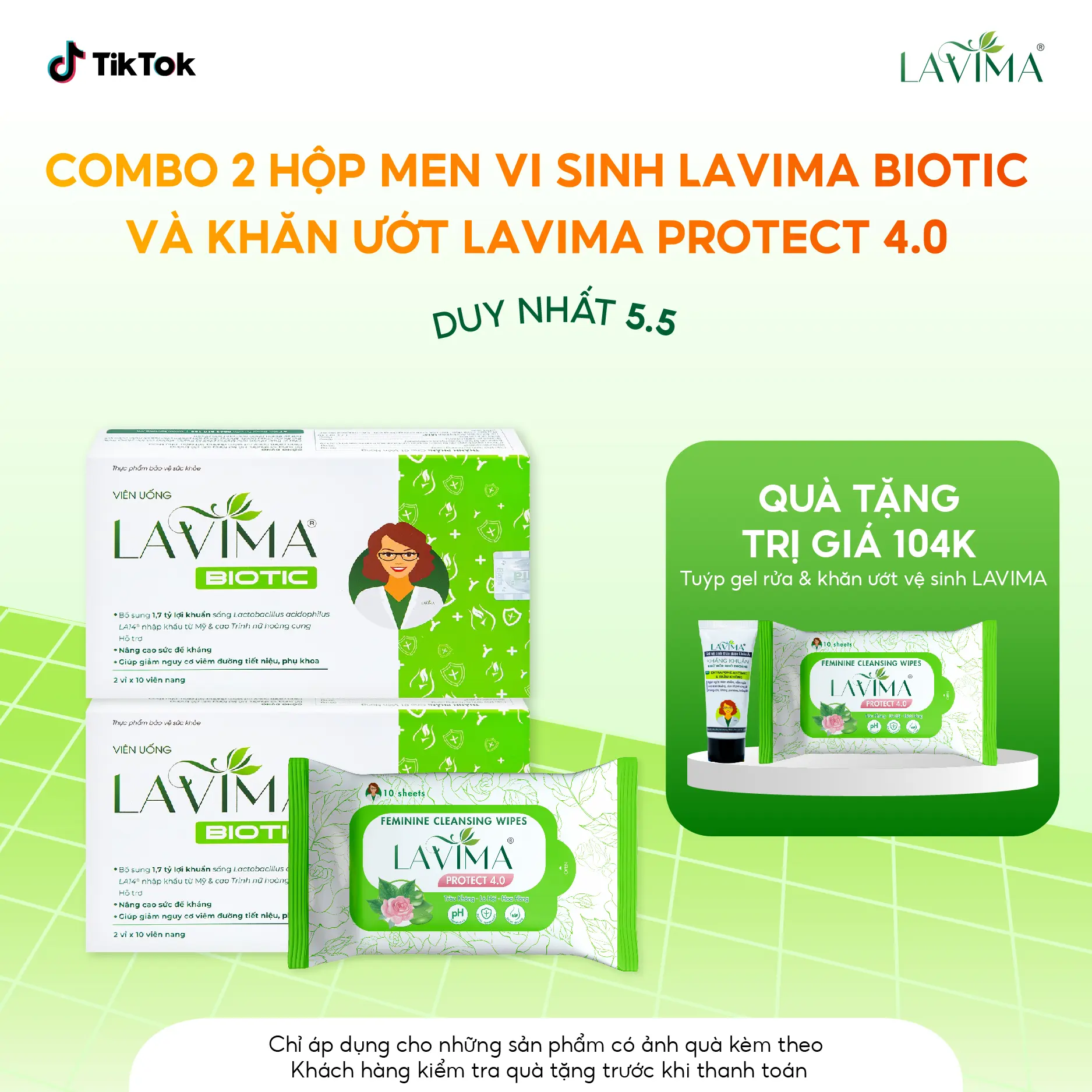 [TẶNG TUÝP GEL RỬA+KHĂN ƯỚT LAVIMA] Combo 2 Men Vi Sinh Thực Phẩm Bảo Vệ Sức Khỏe Lavima Biotic Hộp 20 Viên Kèm 1 Khăn Ướt Vệ Sinh Lavima Protect 4.0 Gói 10 Tờ Nữ