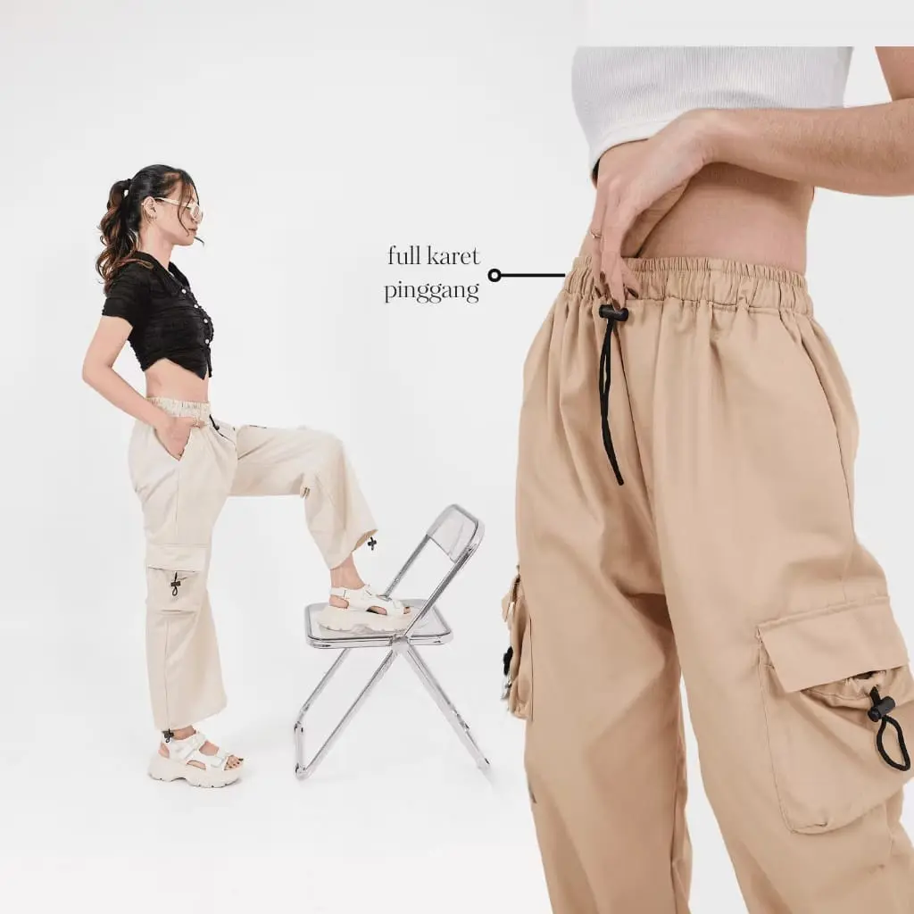 Celana Cargo Panjang Wanita Highwaist Tali Serut Korean Stail Standar Jumbo Pinggang Melar celana cargo tali samping