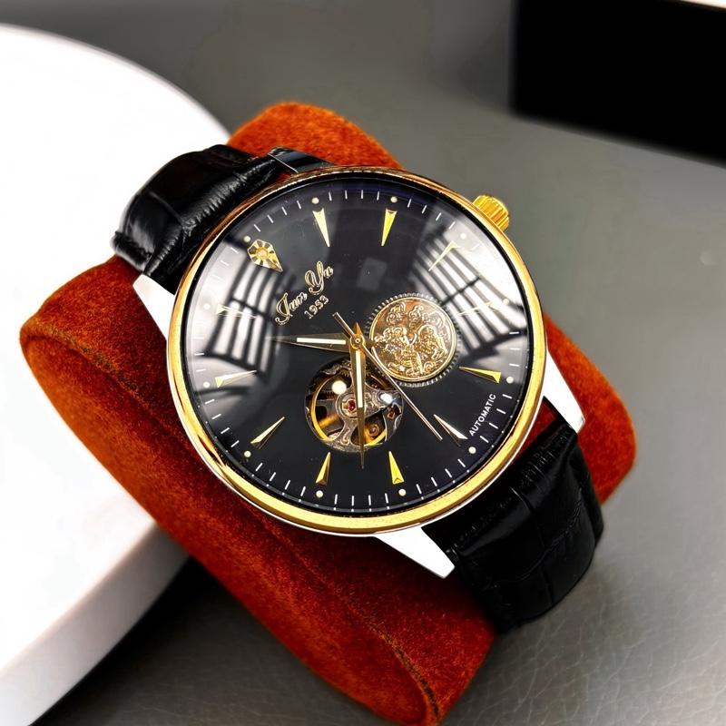 CHÍNH HÃNG Đồng Hồ Cơ Siêu Mỏng Junyu Tỳ Hưu Vàng Tài Lộc Máy Mắn Cao Cấp Thép 316L Dây Da Cao Cấp Chống Nước Tốt Đeo Tay Watch Nam Caro