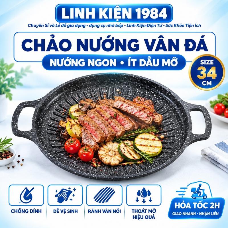 Chảo nướng chống dính Hàn Quốc, chảo nướng vân đá không cần dầu, chảo nướng đa năng 34cm