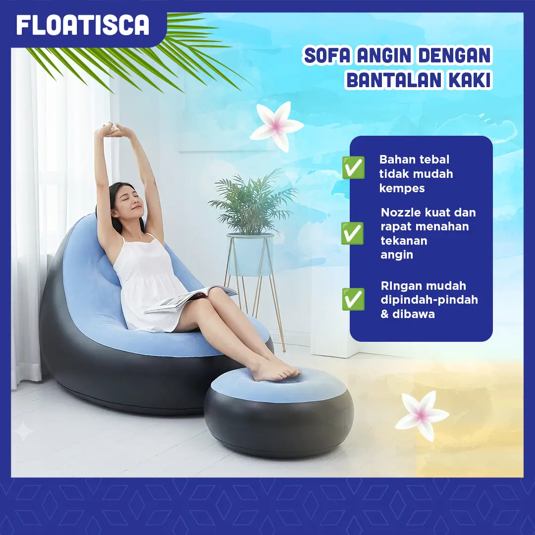Sofa Angin Flocking Set Dengan Sandaran Kaki Sofa Malas Portable Indoor Camping Anti Bocor-Floaties