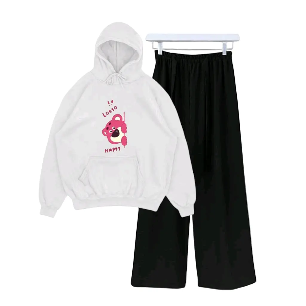 Setelan Sweater Hoodie dan celana kulot wanita LOTSO HAPPY Wanita remaja kekinian style umur 9-17 tahun (COD) Fashion