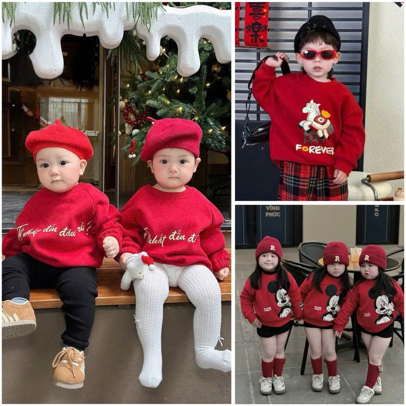 Áo nỉ đỏ nhiều hình áo sweater in hình ngựa 2026 mặc tết cho bé chất liệu nỉ bông 8-18kg