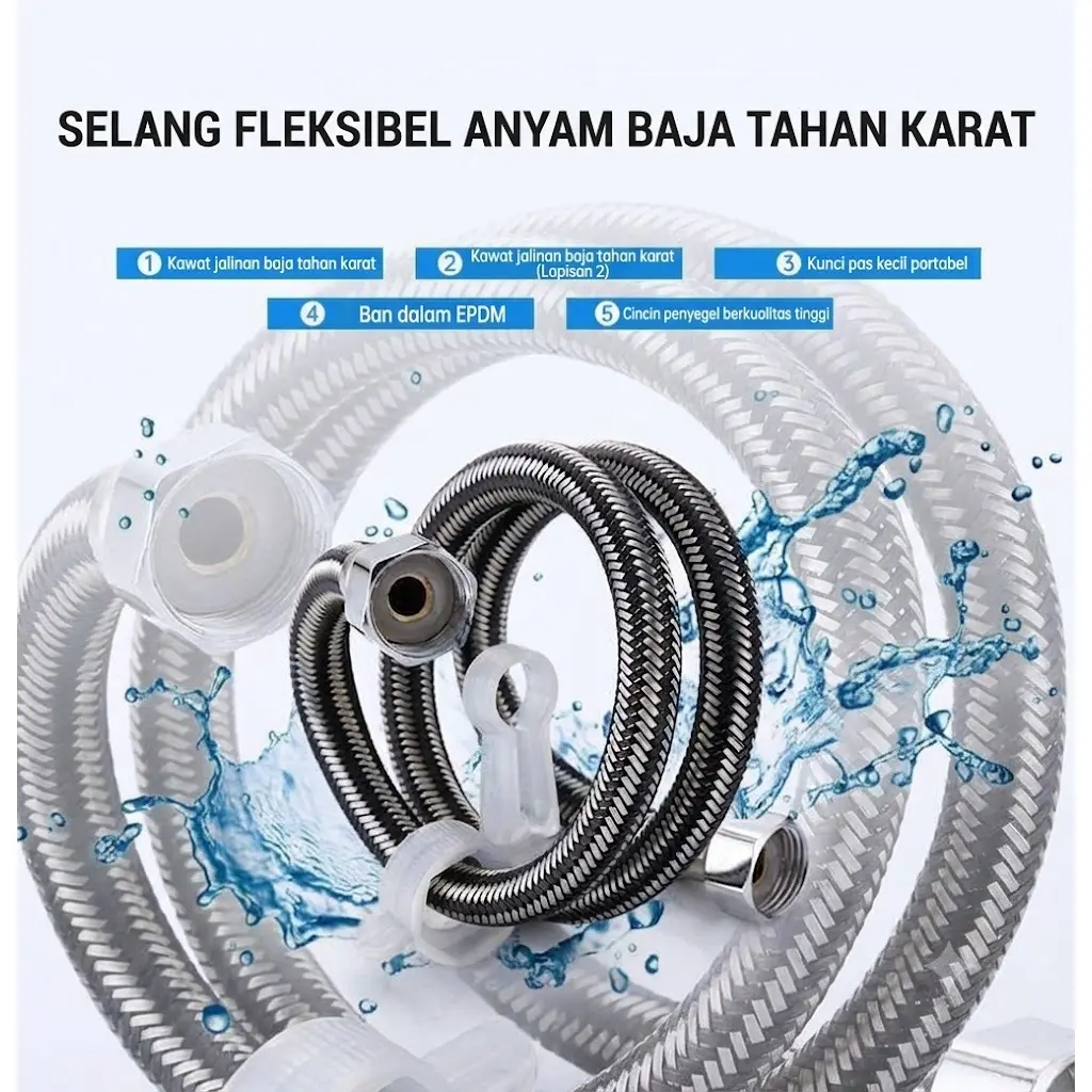 Selang Fleksibel Anyam Baja Hitam Kran Wastafel Panas Dingin Stainless Bidet Shower Kamar Mandi