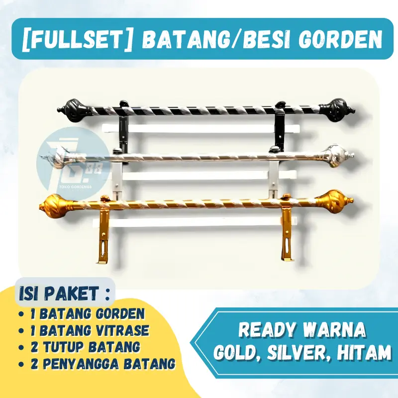 [FULLSET] BATANG/BESI GORDEN + BATANG VITRASE | 2 TUTUP & 2 PENYANGGA BATANG -VARIAN WARNA