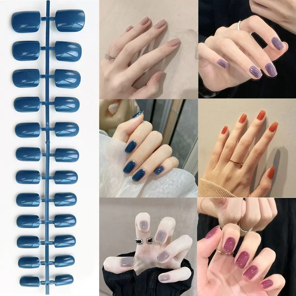 24pcs Solid Color Short Square Head False Nails Fashion Full Cover Detachable Glossy Wearable Fake Nails Manicure Tool Ballerina Press False Nail for Women