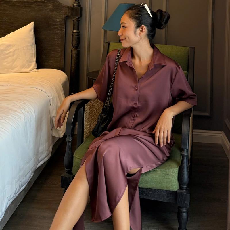  D164 ĐẦM NỮ XẺ TÀ TAY NGẮN CỔ SƠ MI CHÂT LỤA SIZE 1 2 