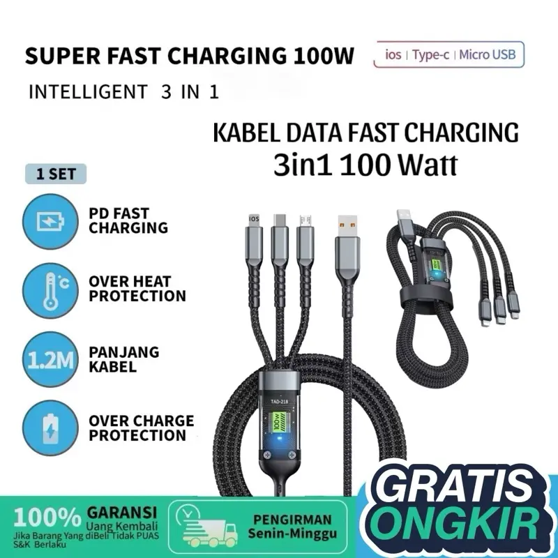KABEL DATA FAST CHARGING 3 IN 1 OUTPUT DAYA 100W 0