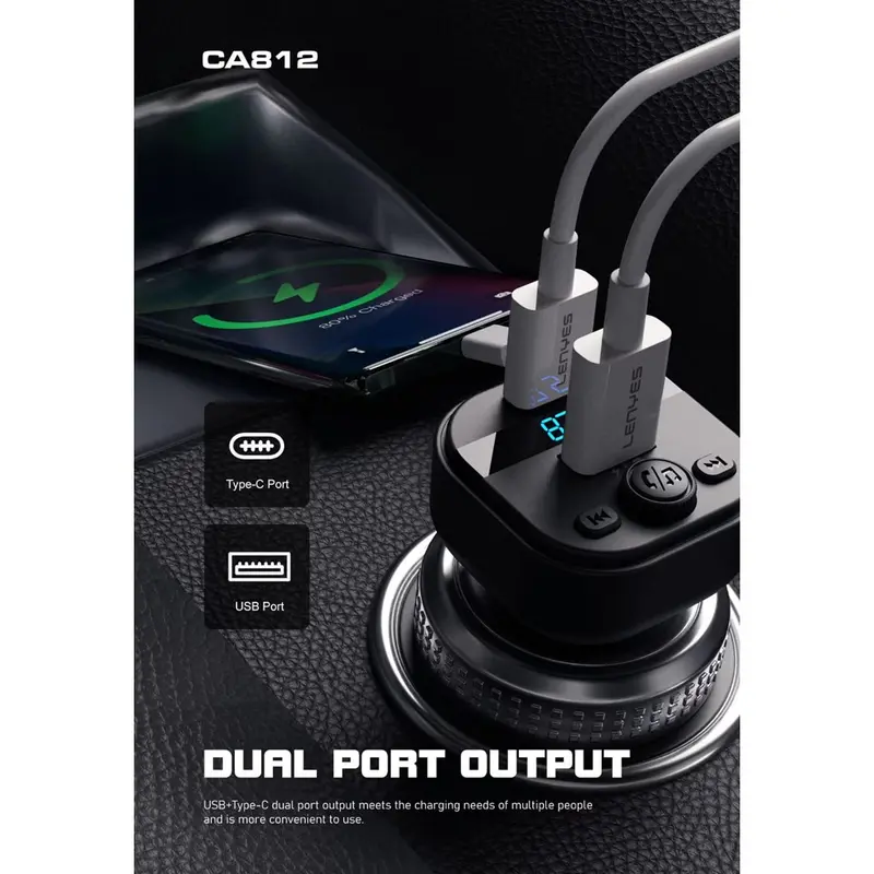 LENYES Car Charger FM Transmitter CA812 Bluetooth 5.3 Modulator Adaptor Mobil Dual Port USB + Type C With Mic 6