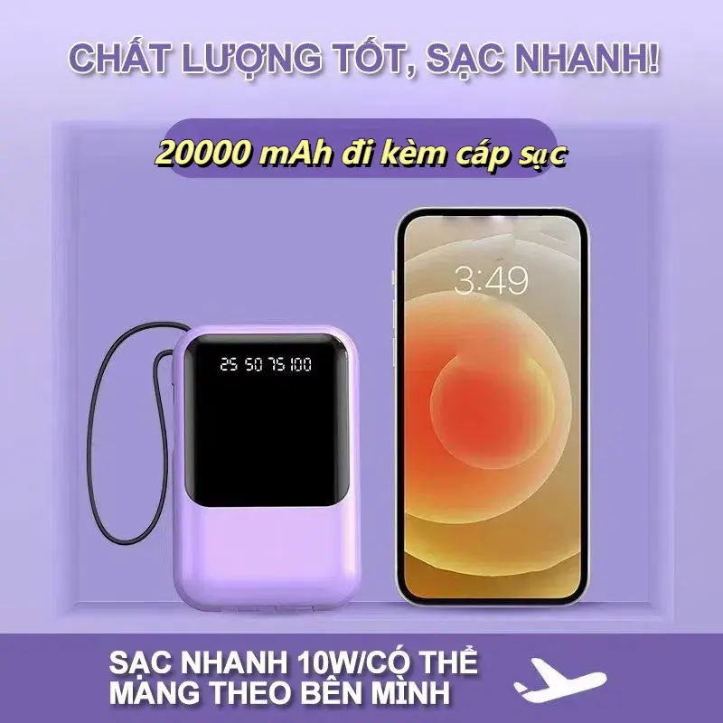 Sạc Dự Phòng 20000mAh Tích Hợp Cáp Sạc Nhanh Màn Hình LED Tương Thích Với Thiết Bị Di Động 3 Cáp Đầu Ra
